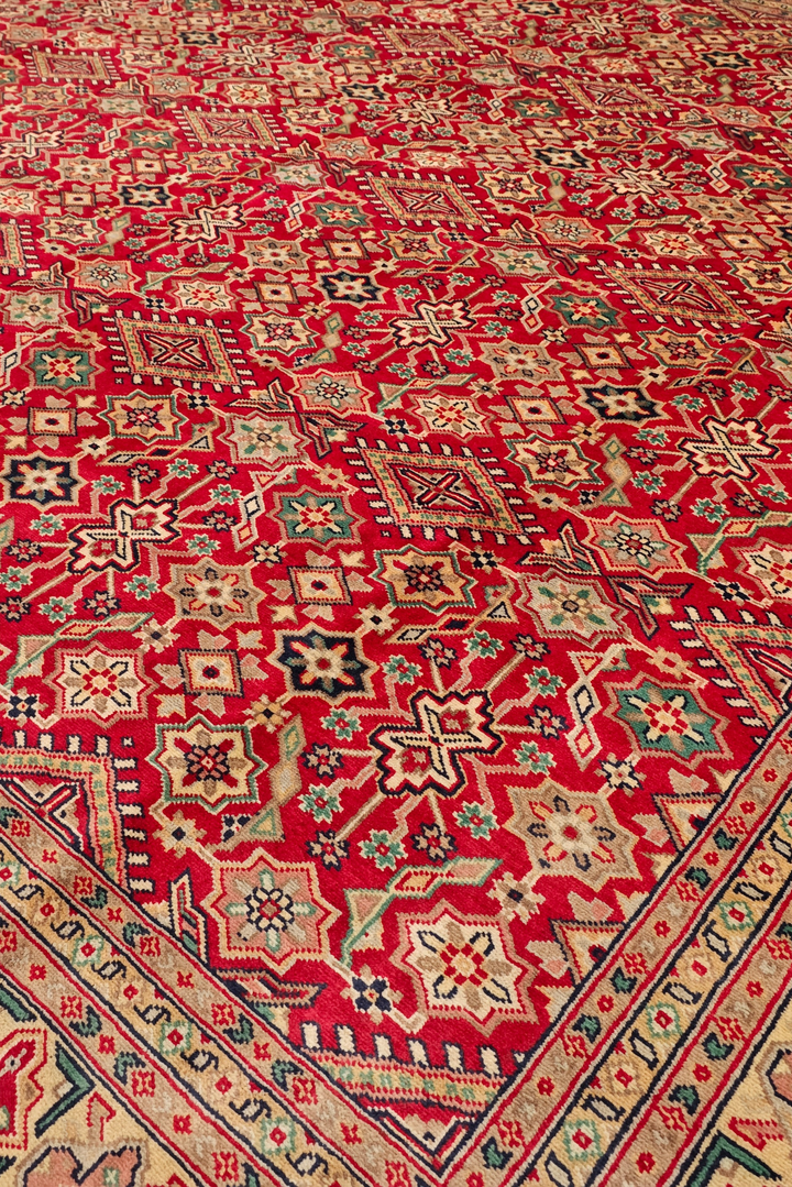 Red Polychrome Lattice Jaldar Square Rug, Hand-Knotted Pakistani Wool