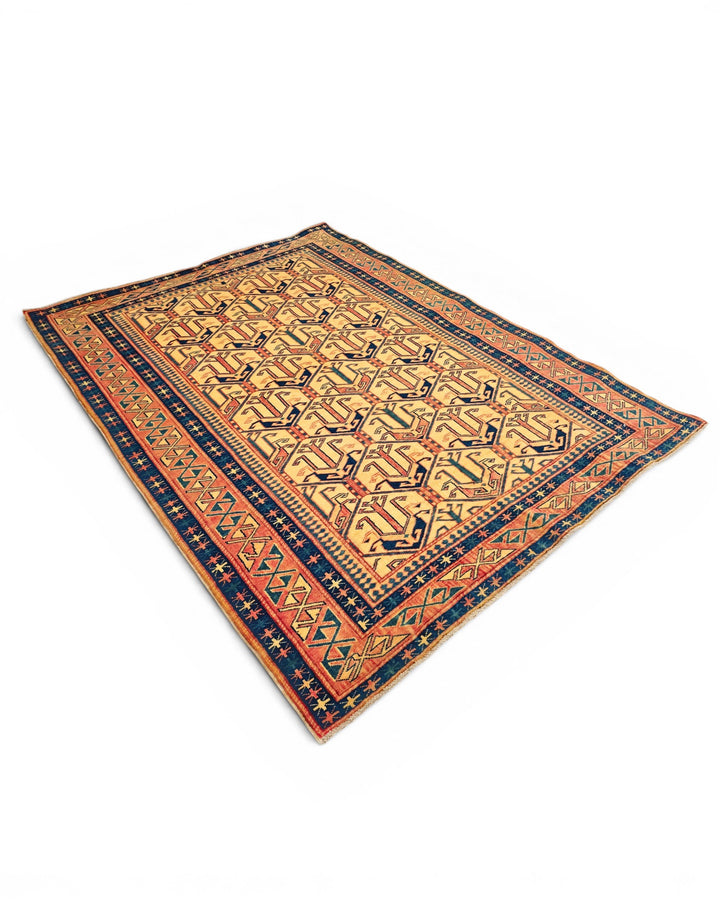 Gold &amp; Navy Caucasian Rug, Hand-Knotted Afghani Sherwan
