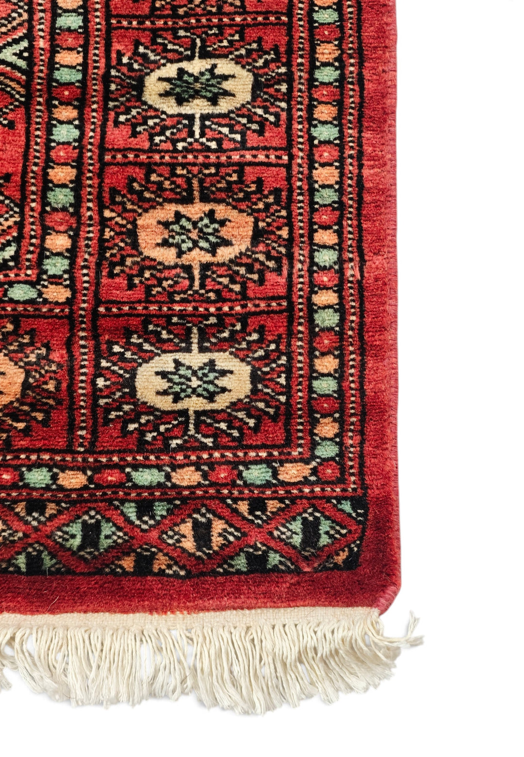 Red and Salmon Turkmen Gül Bokhara, Hand-Knotted Wool Rug
