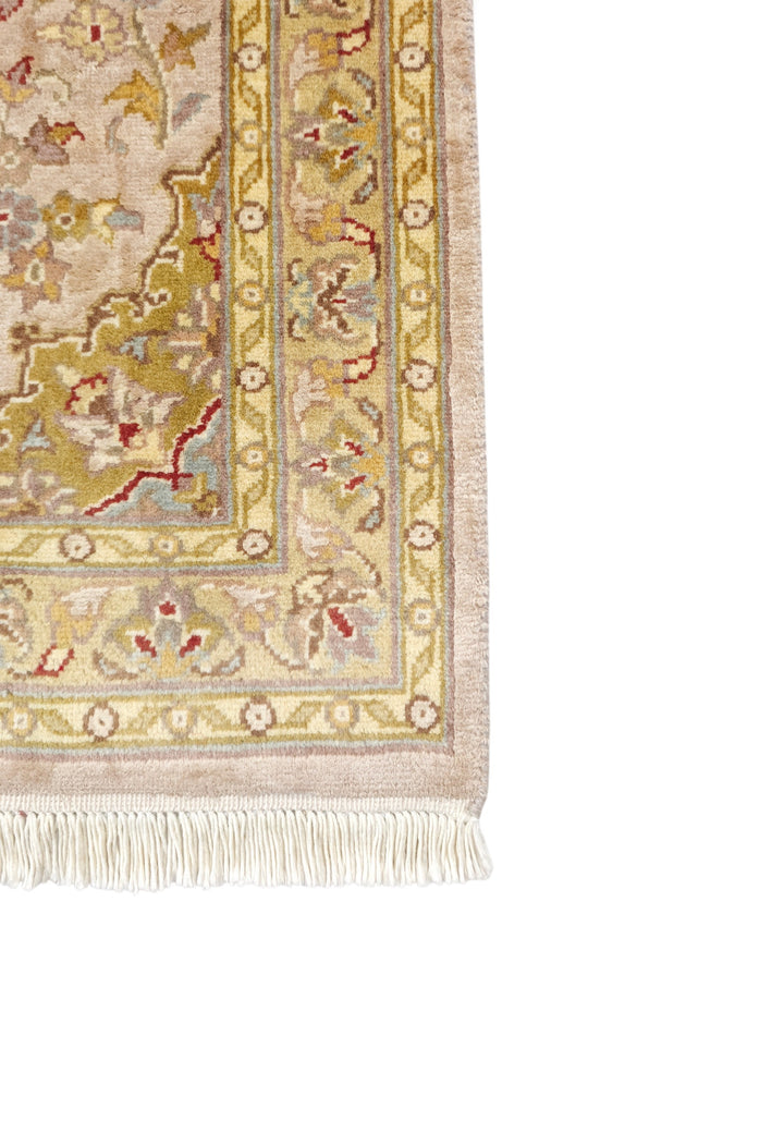 Blush and Olive Gold Medallion Tabriz, Hand-Knotted Wool and Silk Rug