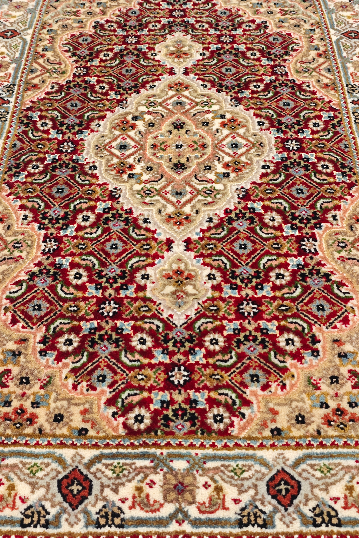 Brick Red and Sandstone Mahi Medallion Tabriz, Hand-Knotted Wool Rug