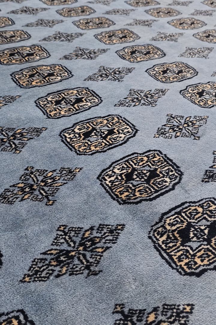 Slate Grey Turkmen Gül Bokhara Rug, Hand-Knotted Pakistani Wool