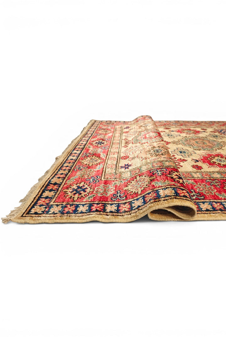 Gold &amp; Red Sunburst Medallion Rug, Hand-Knotted Afghani Sherwan