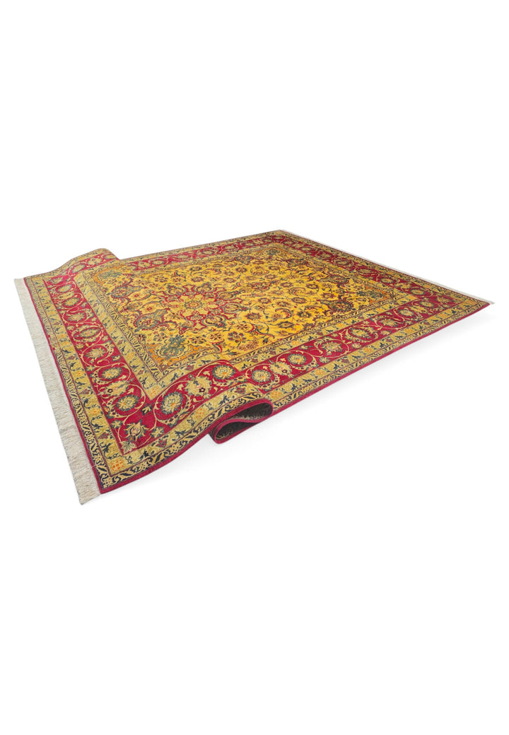 Gold and Crimson Star Medallion Isfahan, Hand-Knotted Wool Rug
