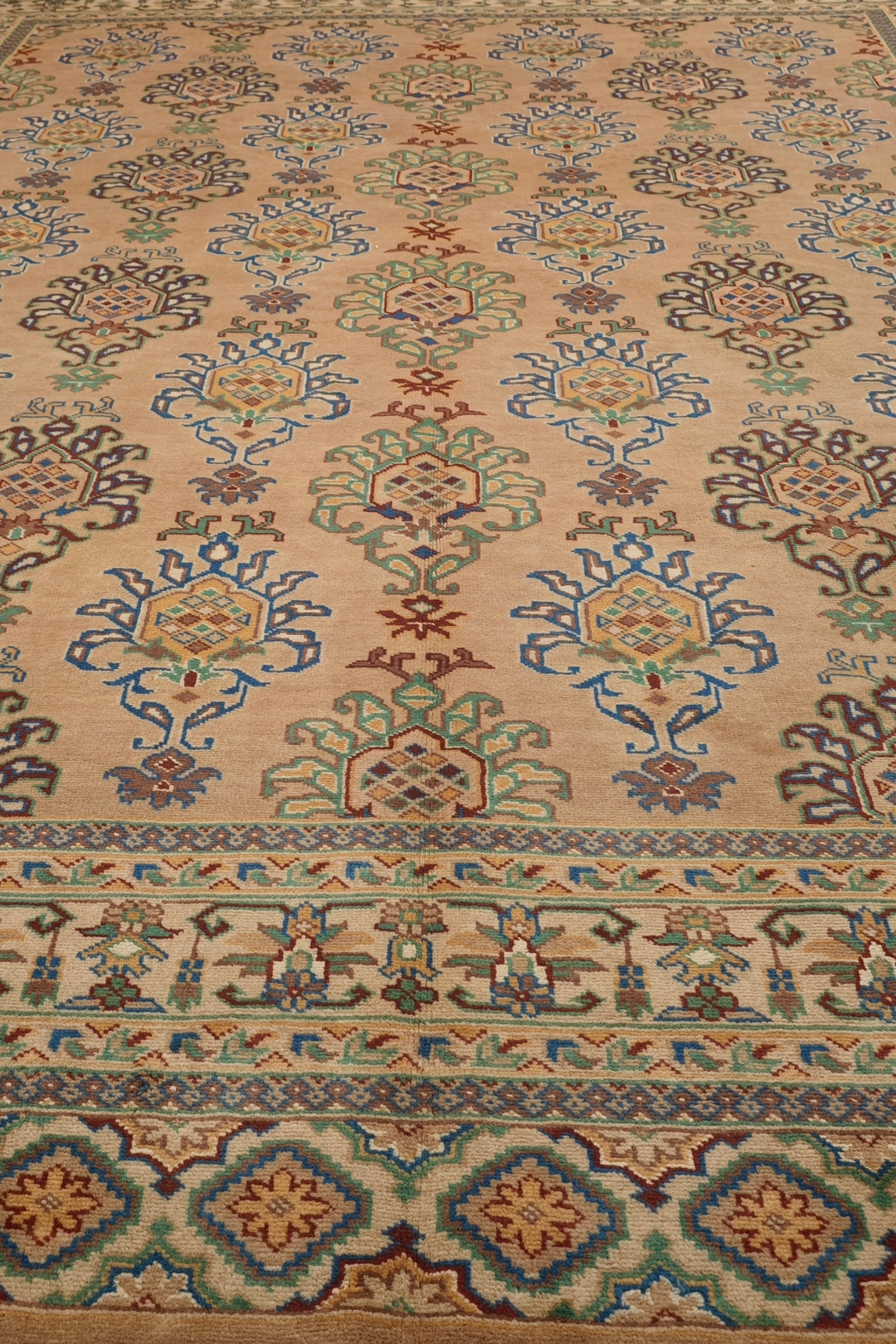 Apricot and Slate Blue Alternating Palmette, Hand-Knotted Wool and Silk Rug