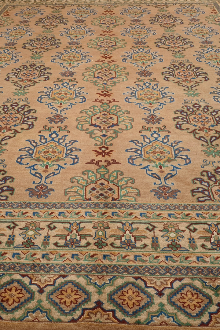 Apricot and Slate Blue Alternating Palmette, Hand-Knotted Wool and Silk Rug