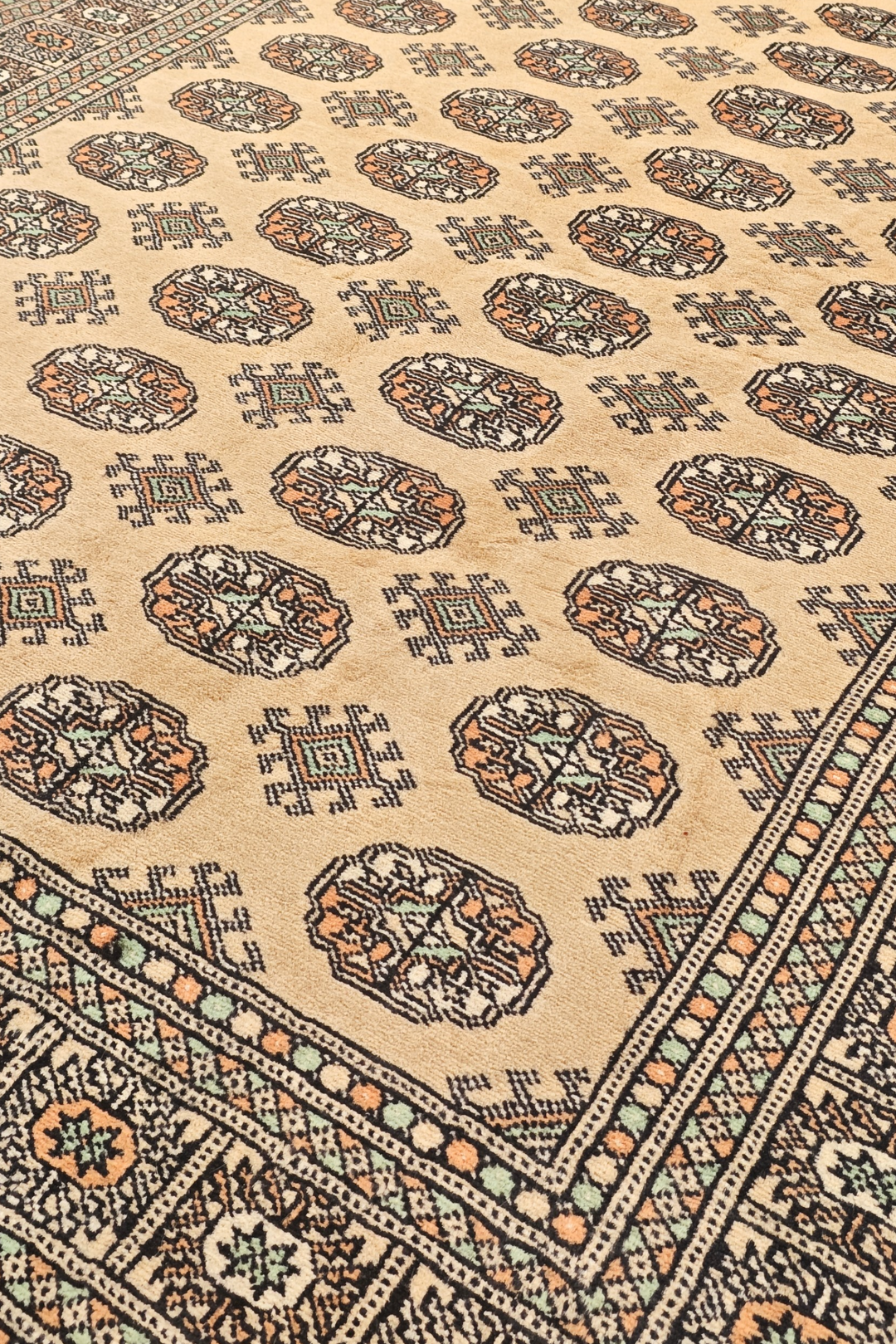 Warm Gold and Espresso Turkmen Gül Bokhara, Hand-Knotted Wool Rug