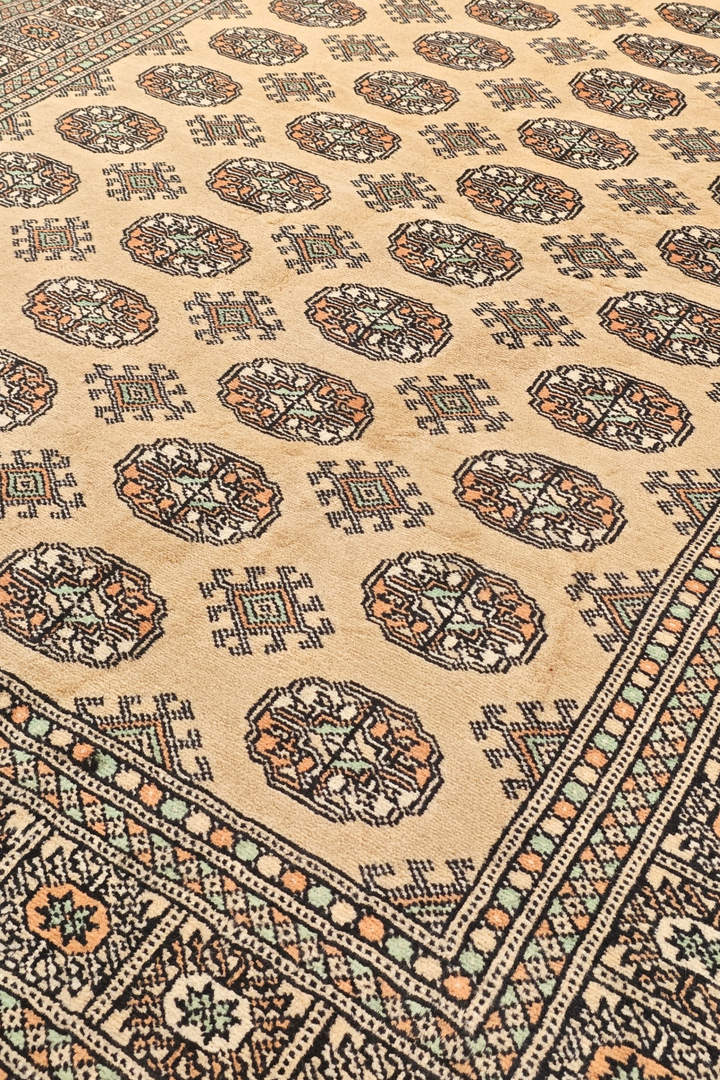 Warm Gold and Espresso Turkmen Gül Bokhara, Hand-Knotted Wool Rug