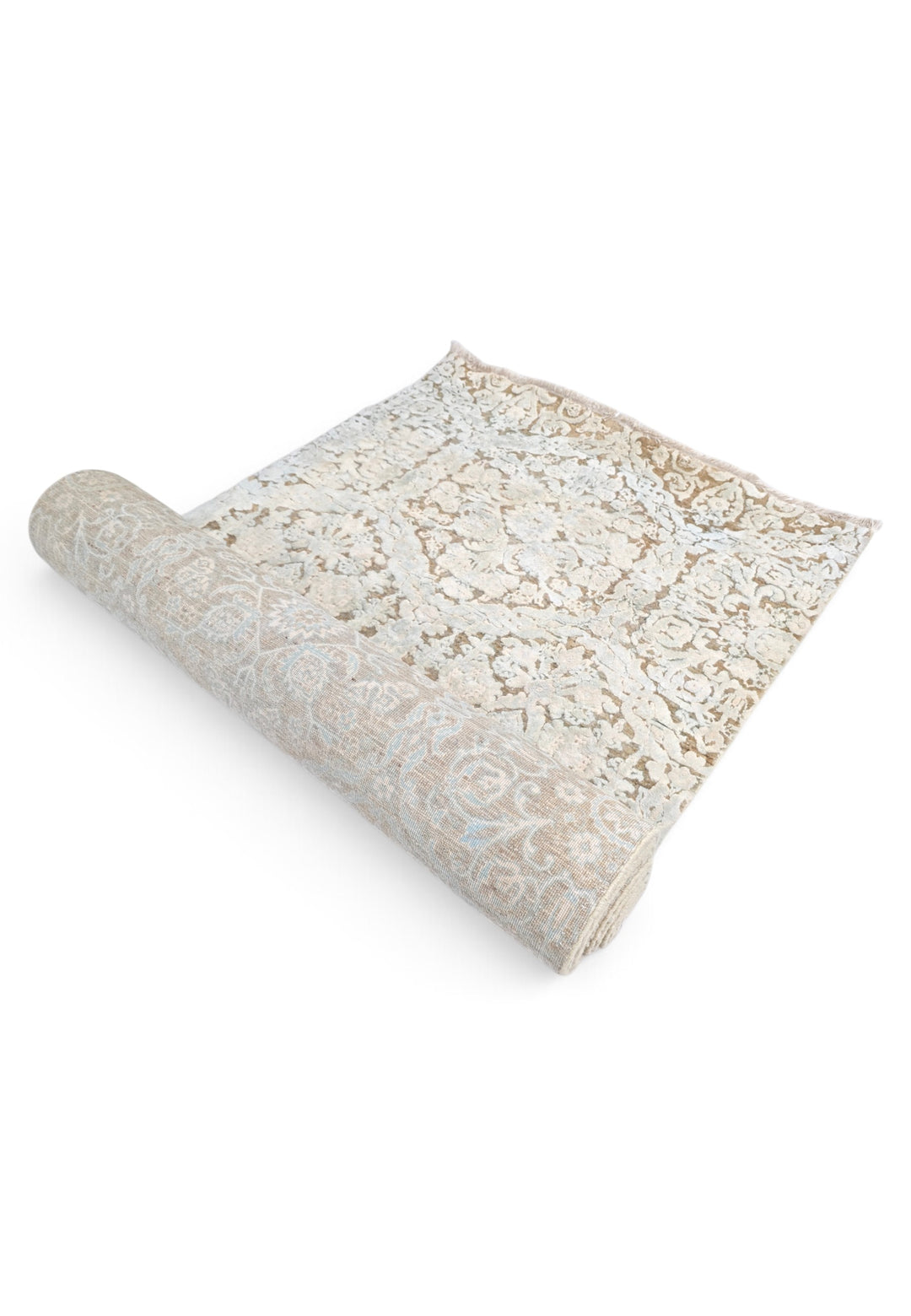 Ivory and Taupe Damask Lattice, Hand-Knotted Wool and Silk Rug