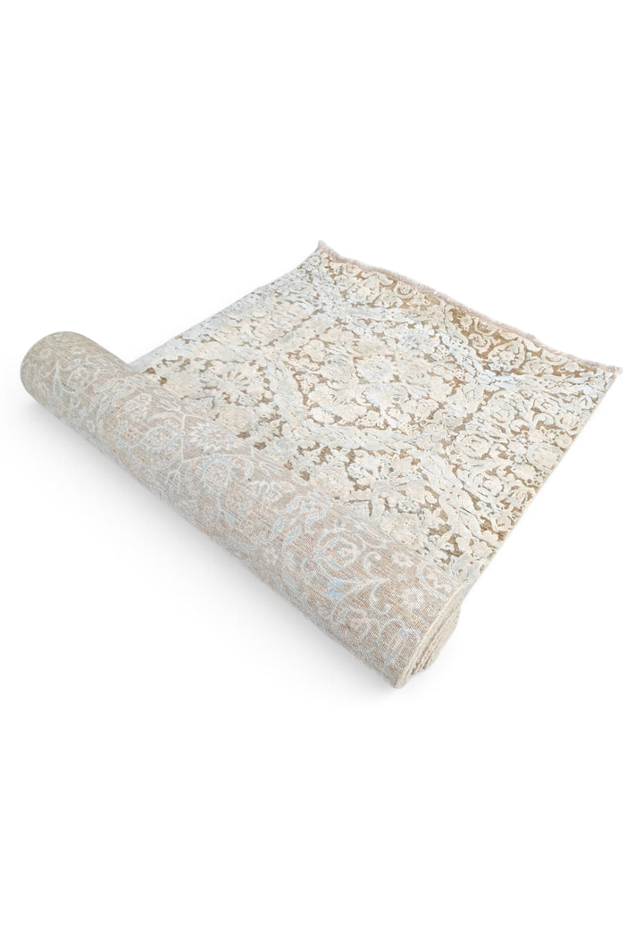 Ivory and Taupe Damask Lattice, Hand-Knotted Wool and Silk Rug