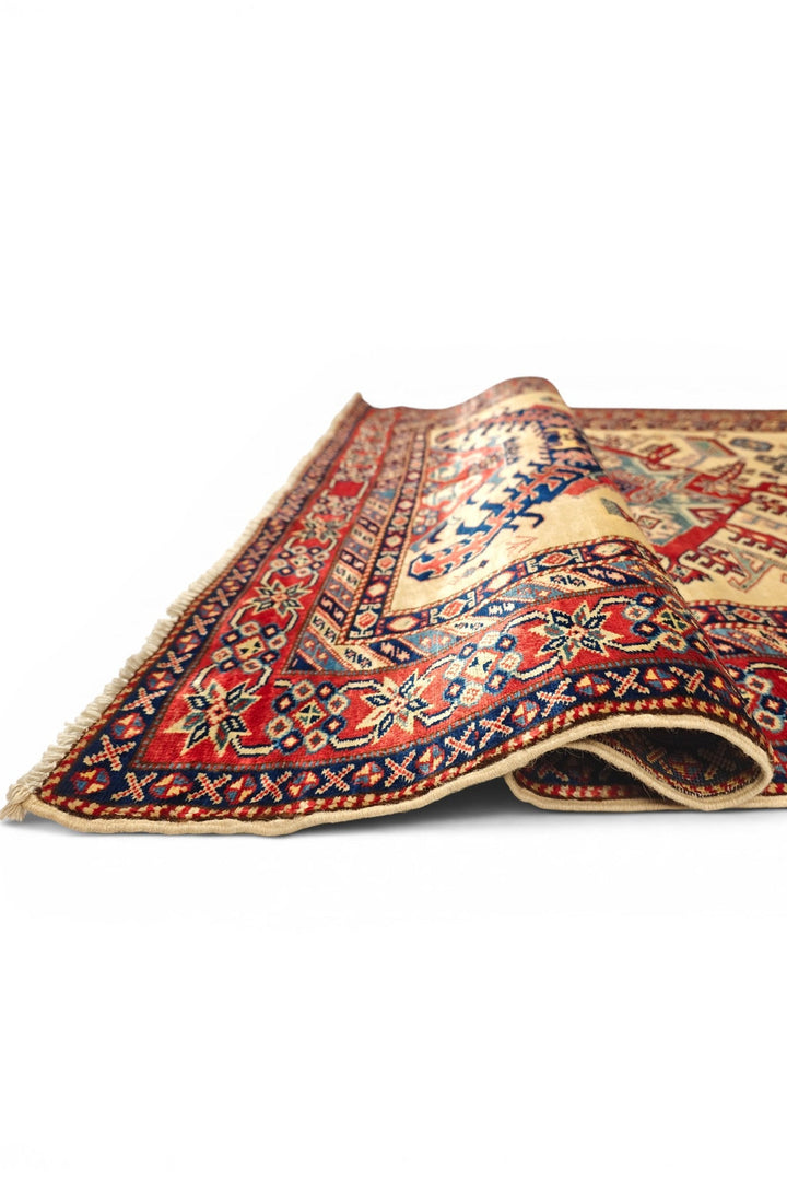 Ivory &amp; Red Sunburst Medallion Rug, Hand-Knotted Afghani Sherwan