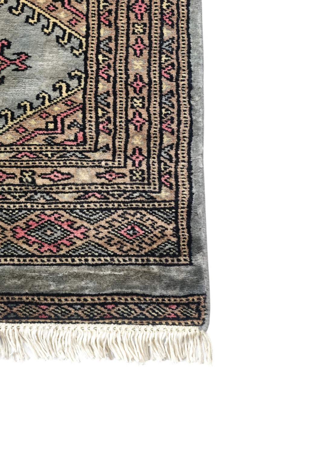 Grey-Green and Rose Jaldar Diamond Medallion, Hand-Knotted Wool Rug