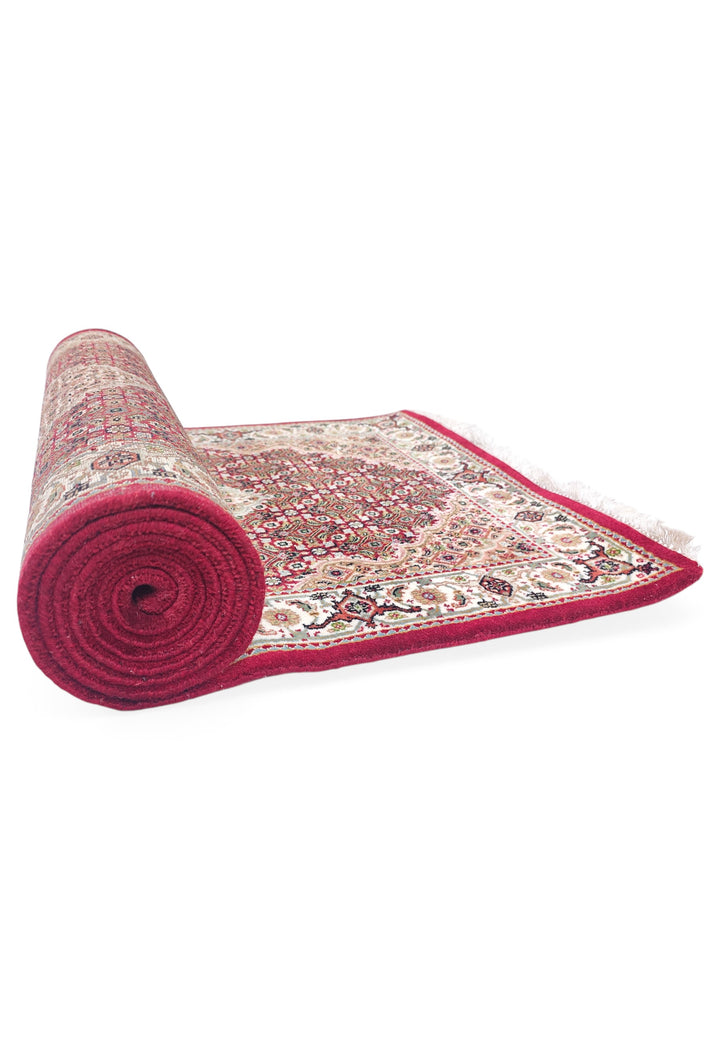 Deep Red and Ivory Mahi Medallion Tabriz, Hand-Knotted Wool Rug