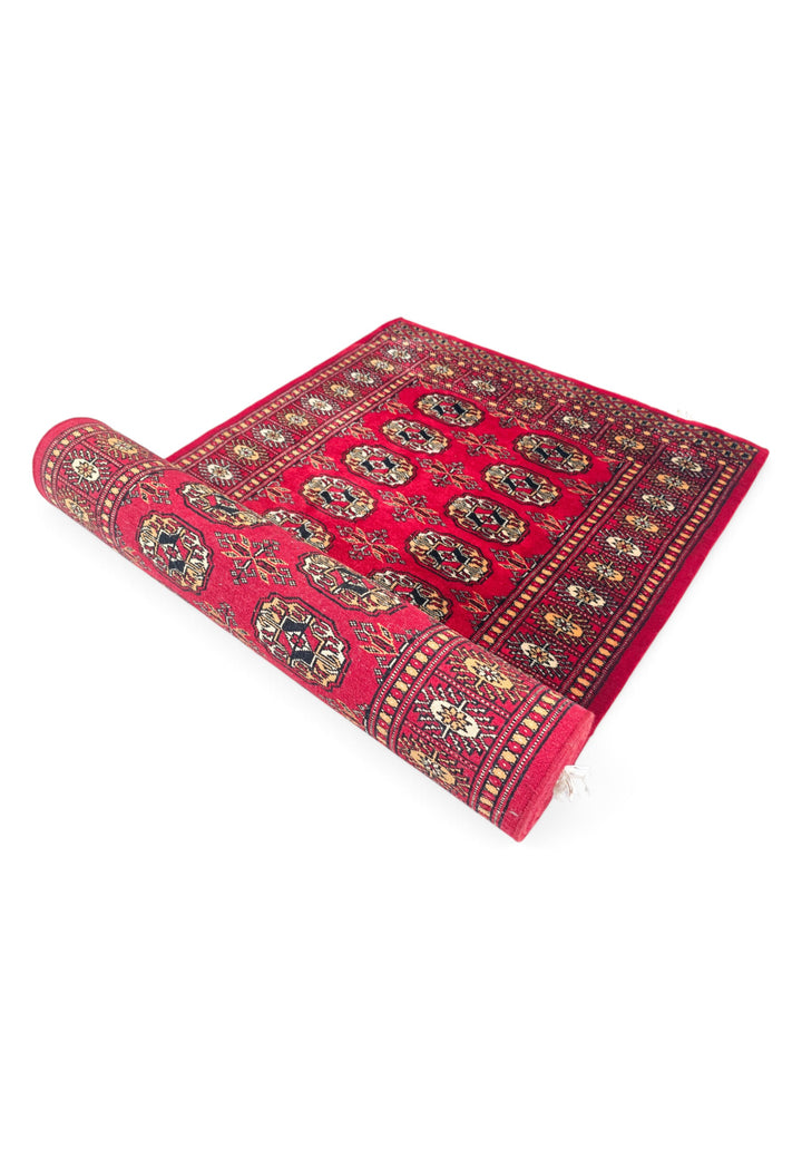 Bright Red and Gold Turkmen Gül Bokhara, Hand-Knotted Wool Rug
