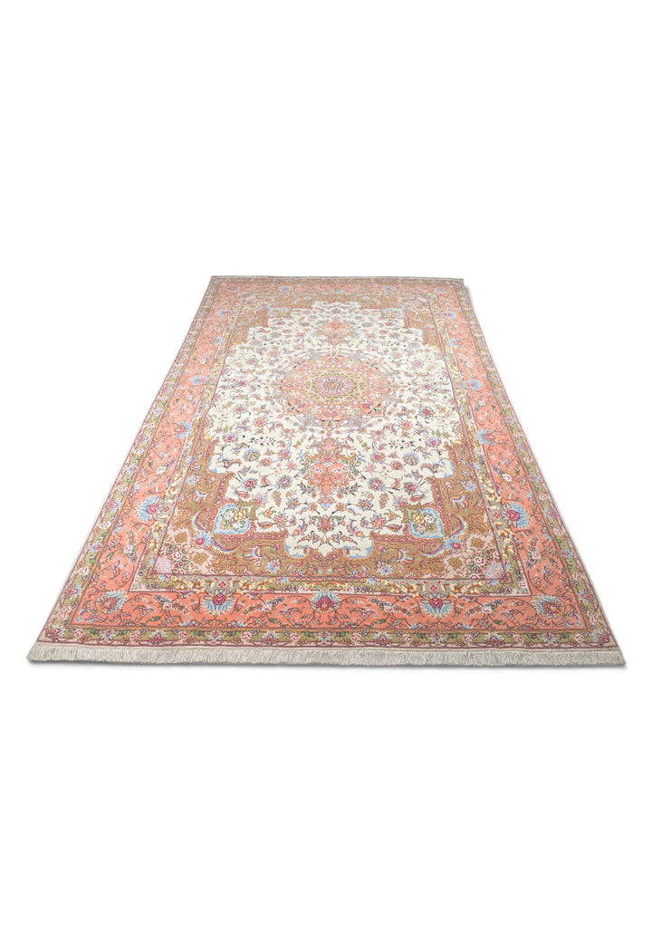 Ivory and Coral Radiating Medallion Tabriz, Hand-Knotted Wool Rug