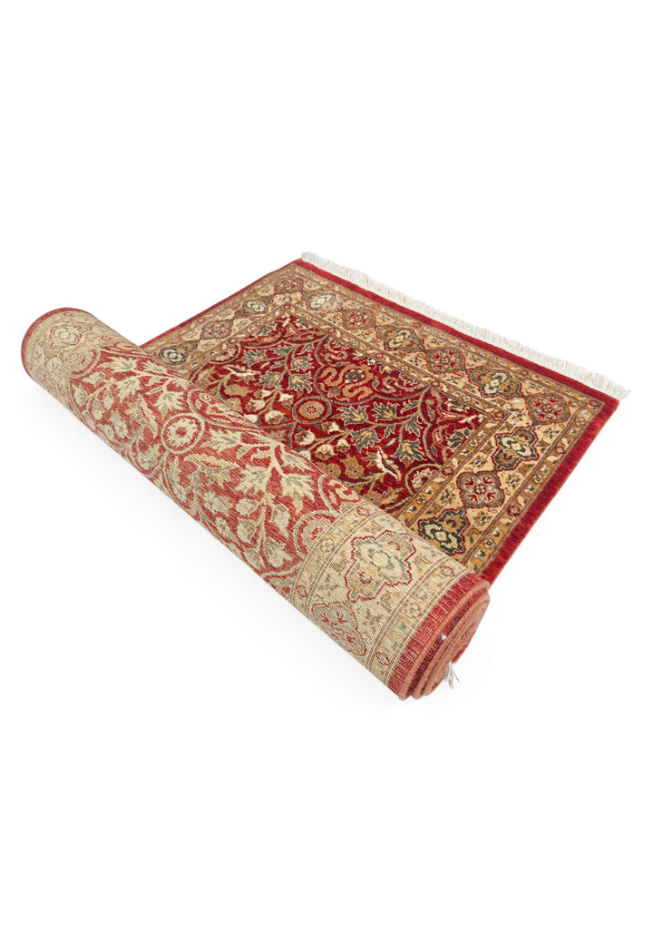 Deep Red and Cream Arabesque Lattice, Hand-Knotted Wool and Silk Rug