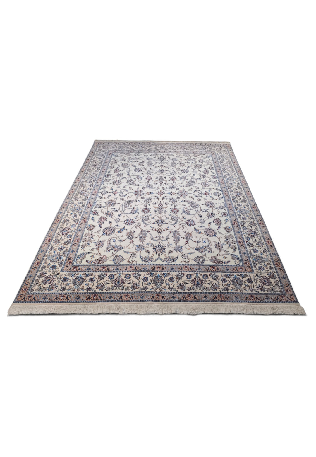Ivory and Salmon All-Over Arabesque Nain, Hand-Knotted Wool Rug