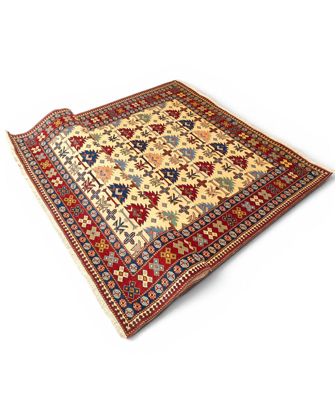 Ivory Caucasian Tribal Rug, Hand-Knotted Afghani Sherwan