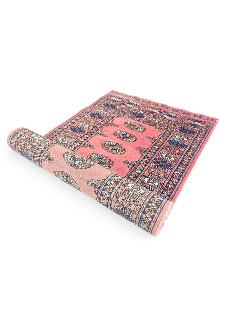Rose and Navy Single Column Gül Bokhara, Hand-Knotted Wool Rug