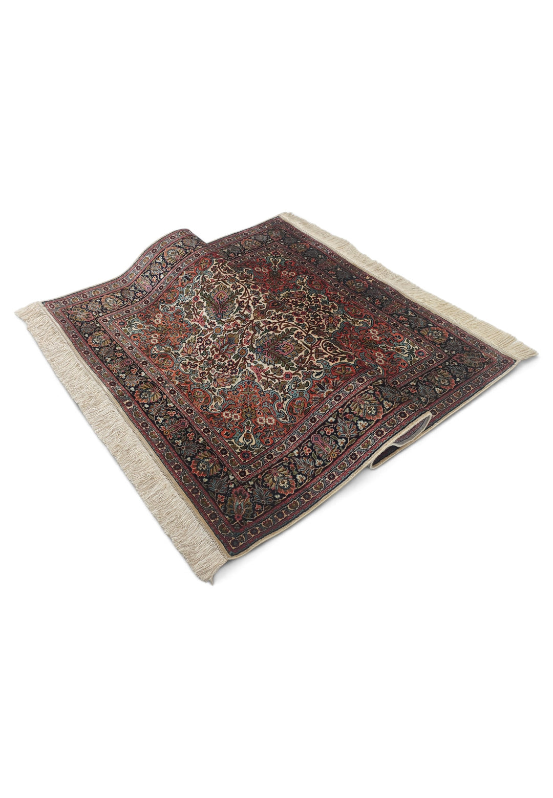 Ivory and Navy Shah Abbasi Floral Medallion, Hand-Knotted Silk Rug
