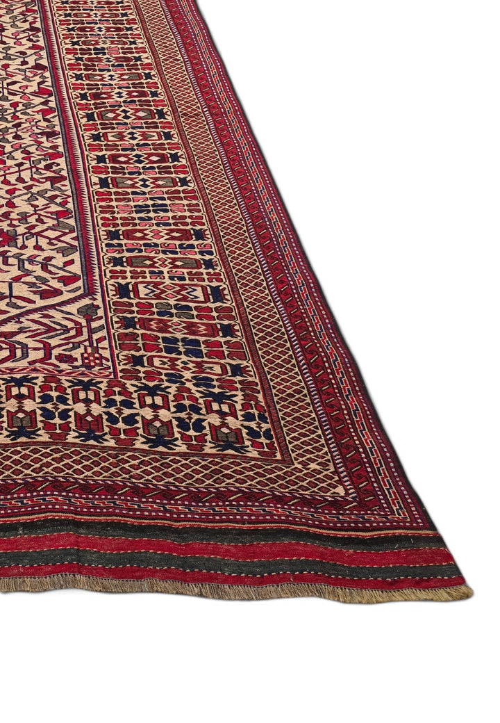 Cream and Red Hooked Medallion Kilim, Hand-Woven Wool
