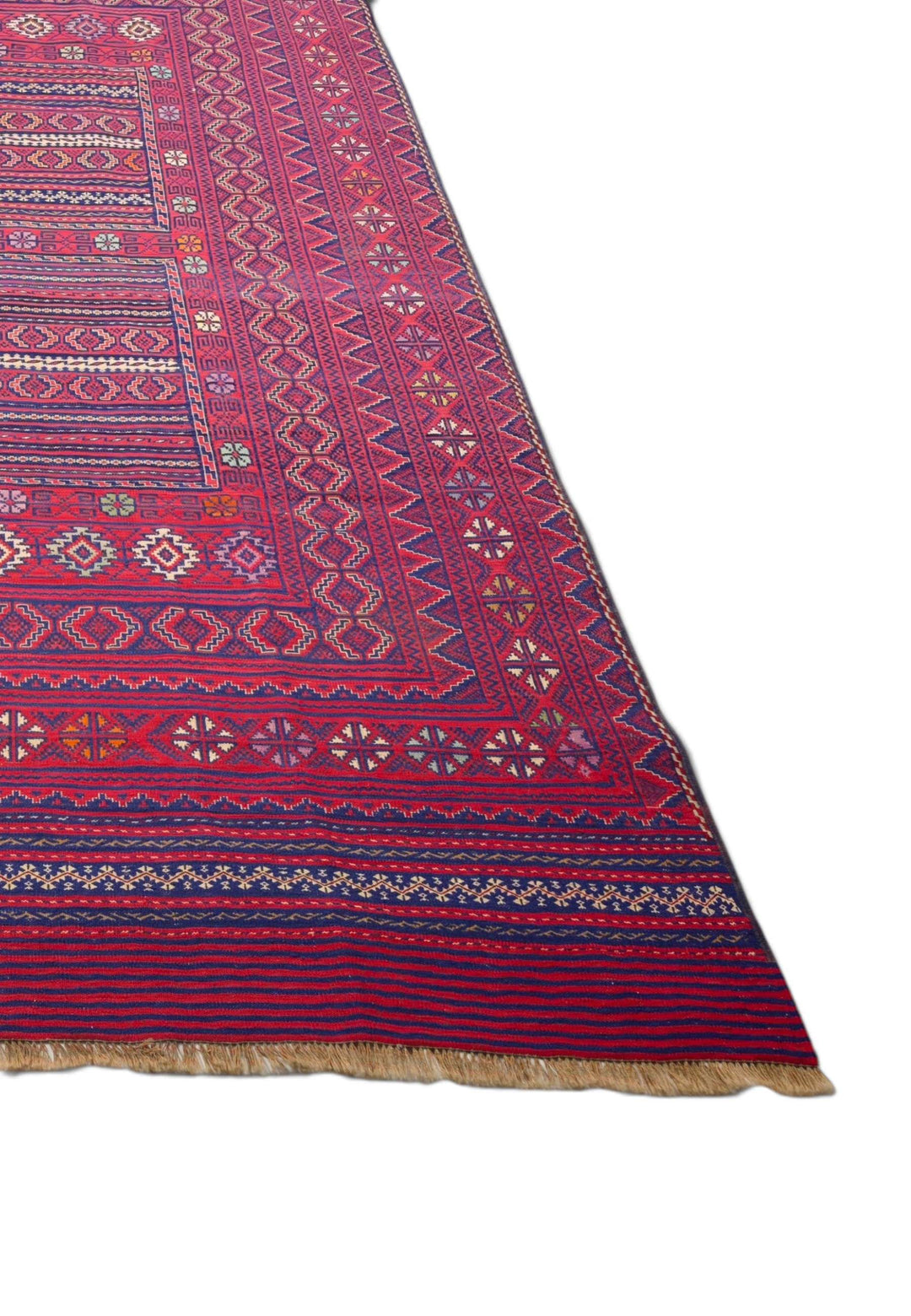 Rose Red and Navy Four-Panel Kilim, Hand-Woven Wool