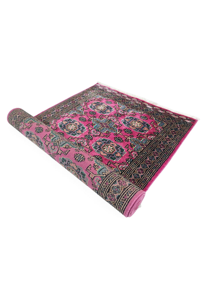 Magenta and Teal Jaldar Rosette Gül, Hand-Knotted Wool and Silk Rug
