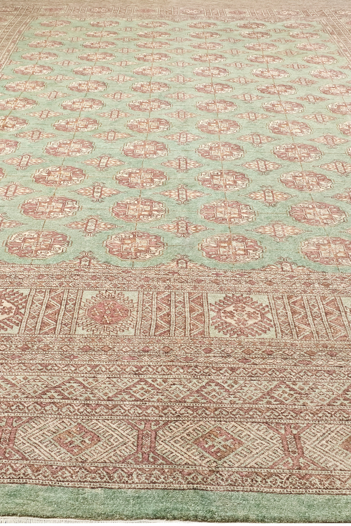 Sage and Rose Turkmen Gül Bokhara, Hand-Knotted Wool Rug