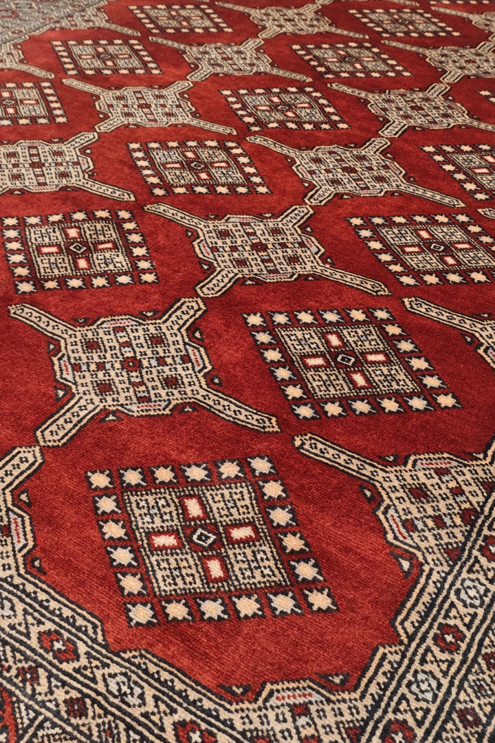 Brick Red and Cream Turkmen Gül Bokhara, Hand-Knotted Wool Rug