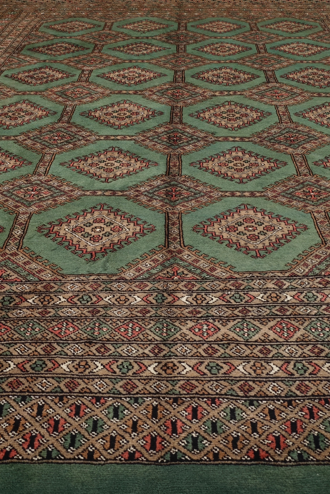 Sage Green and Taupe Compartment Lattice Bokhara, Hand-Knotted Wool Rug