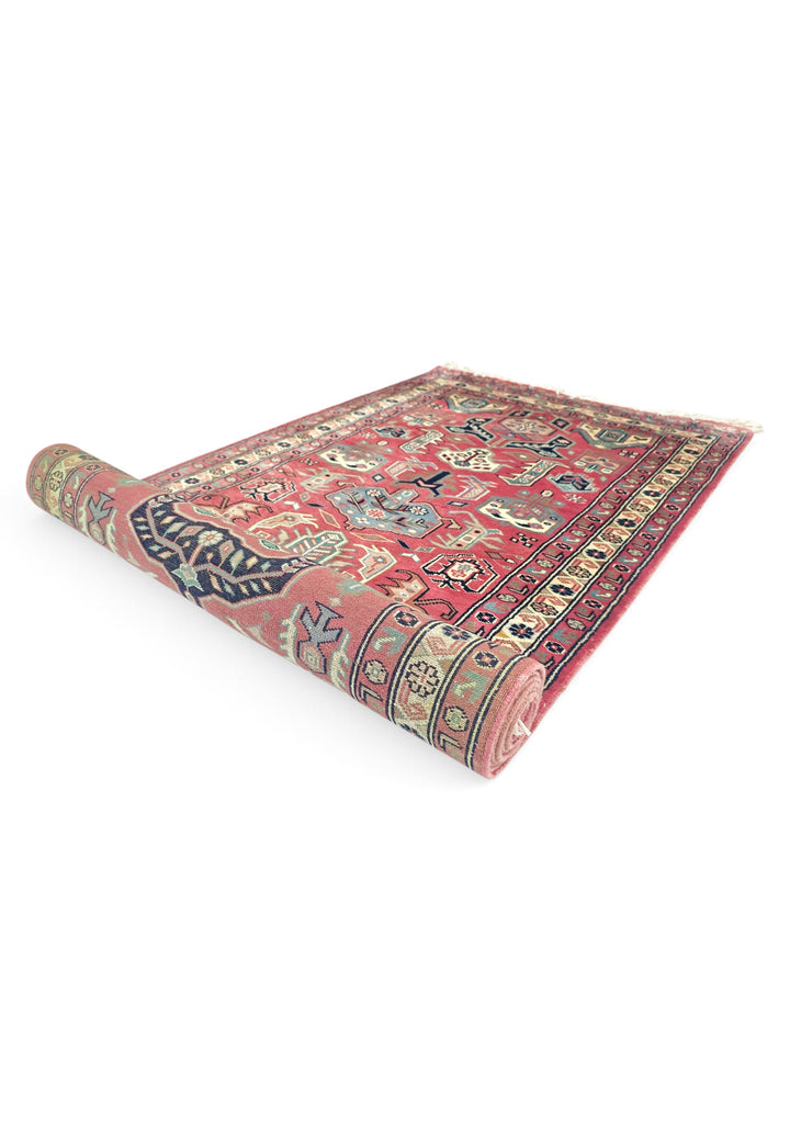 Rose and Teal Serrated Leaf Medallion, Hand-Knotted Wool Rug
