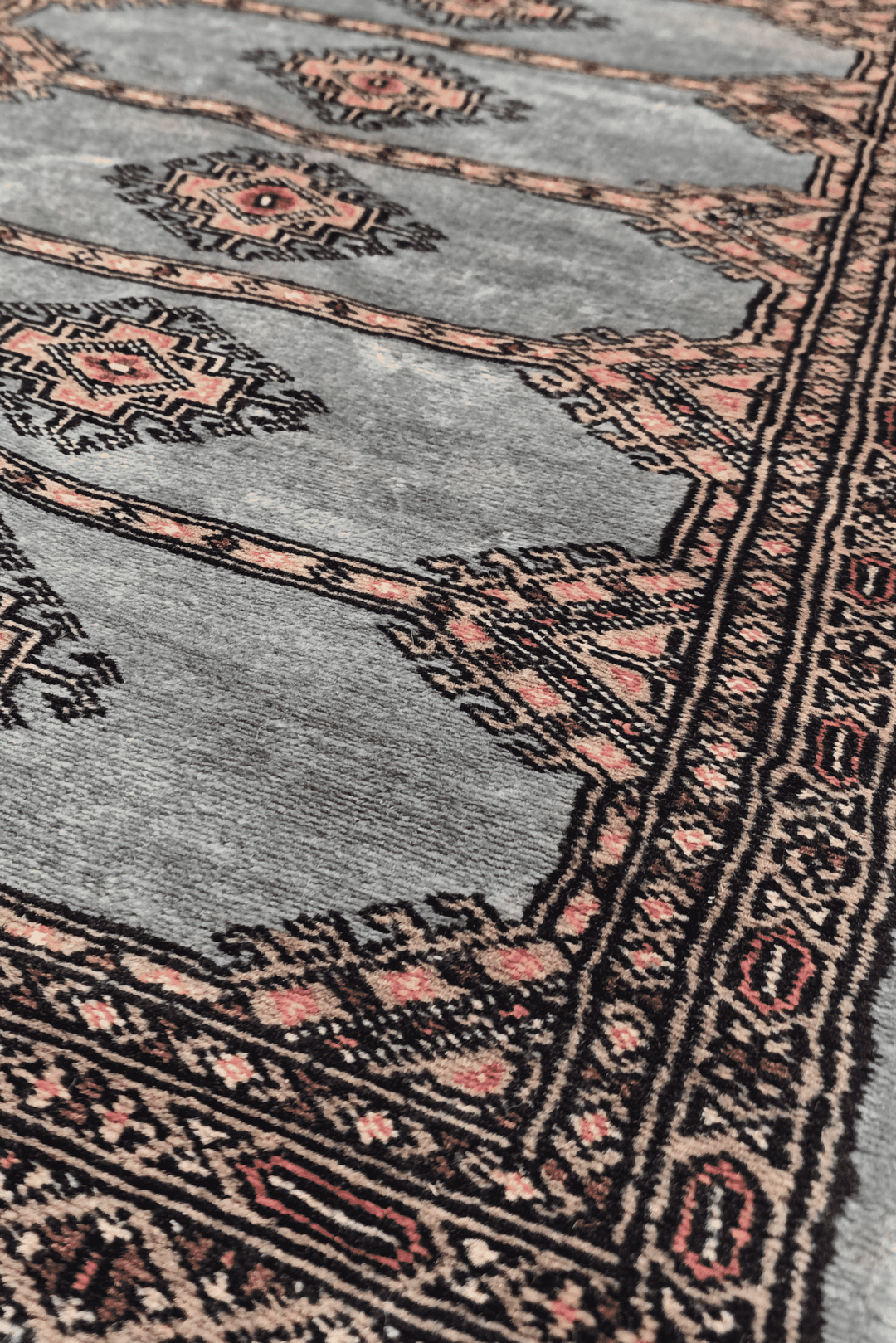 Dusty Blue and Peach Jaldar Diamond Medallion, Hand-Knotted Wool Rug