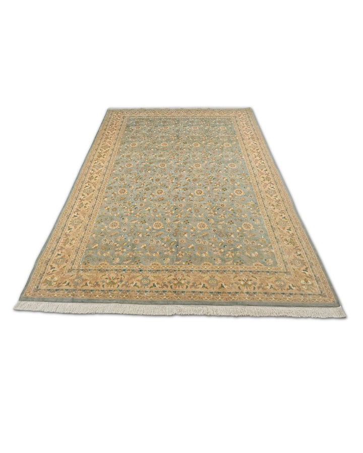 Sage Green and Gold Afshan All-Over Floral, Hand-Knotted Wool Rug