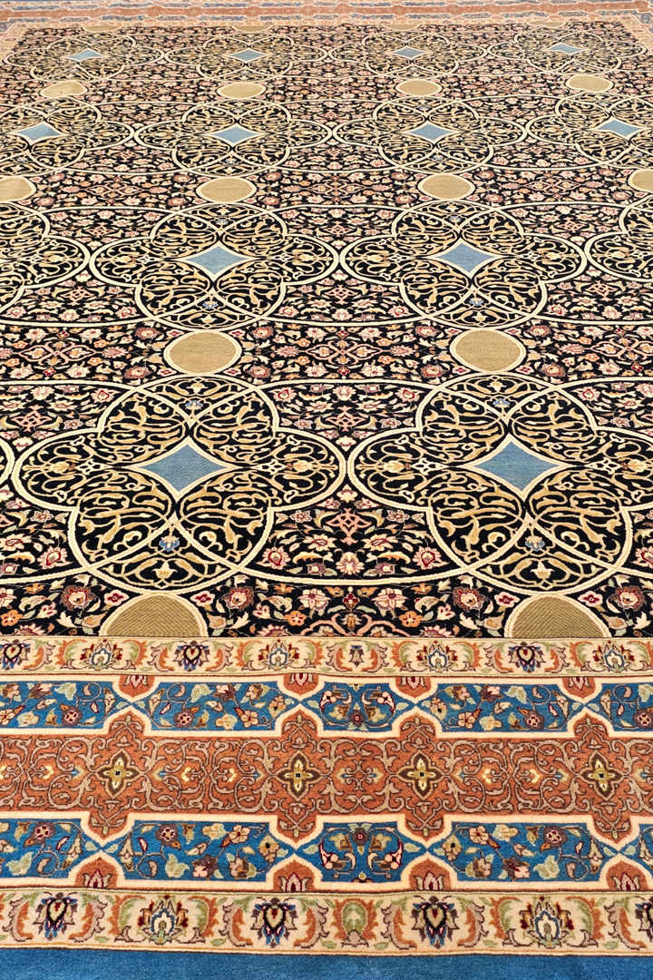 Espresso and Peach Circle Lattice, Hand-Knotted Wool Rug