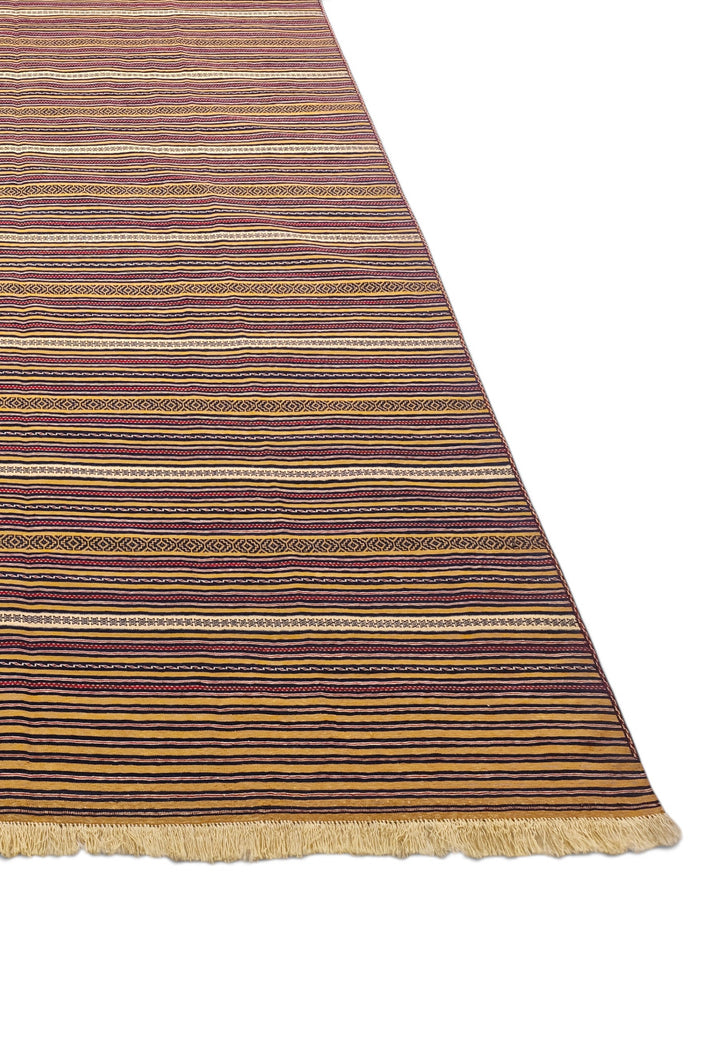 Gold and Plum Striped Kilim, Hand-Woven Wool
