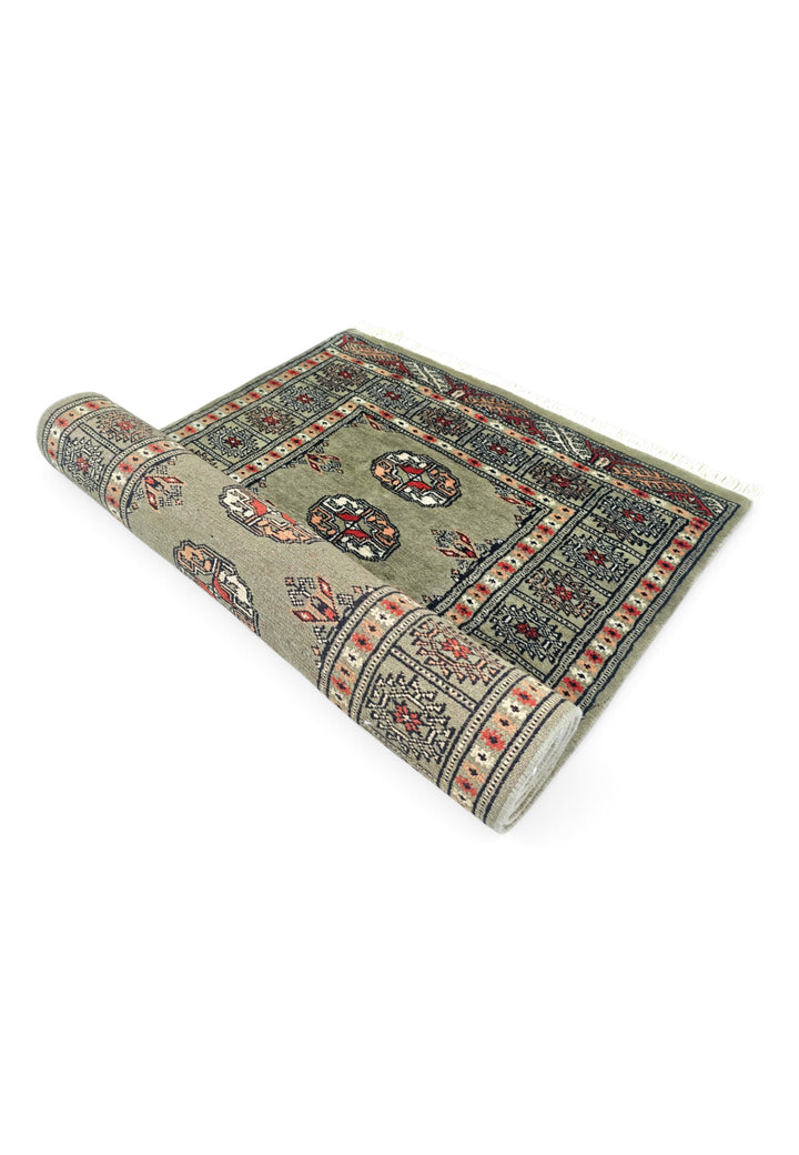 Olive and Peach Turkmen Gül Bokhara, Hand-Knotted Wool Rug