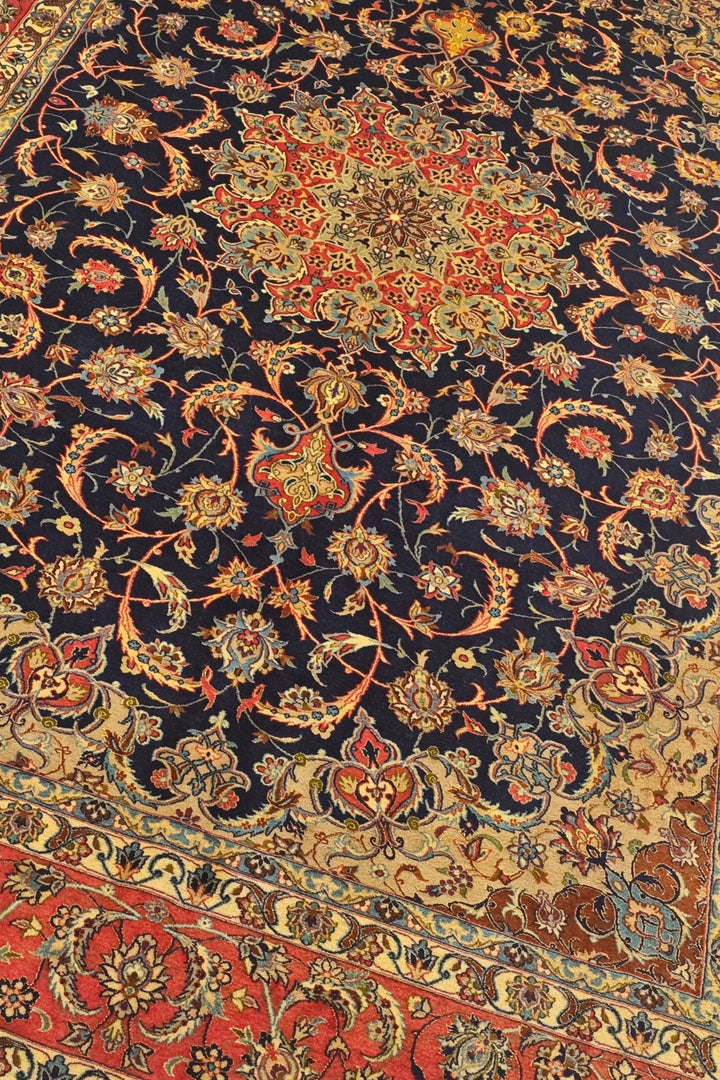Indigo and Terracotta Medallion Sirafian Isfahan, Hand-Knotted Wool Rug