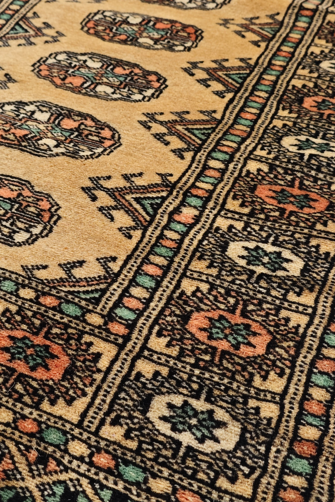 Gold and Peach Turkmen Gül Bokhara, Hand-Knotted Wool Rug