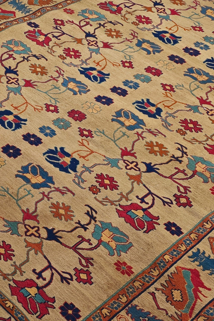 Camel Gold and Rust Palmette Kilim, Hand-Woven Wool