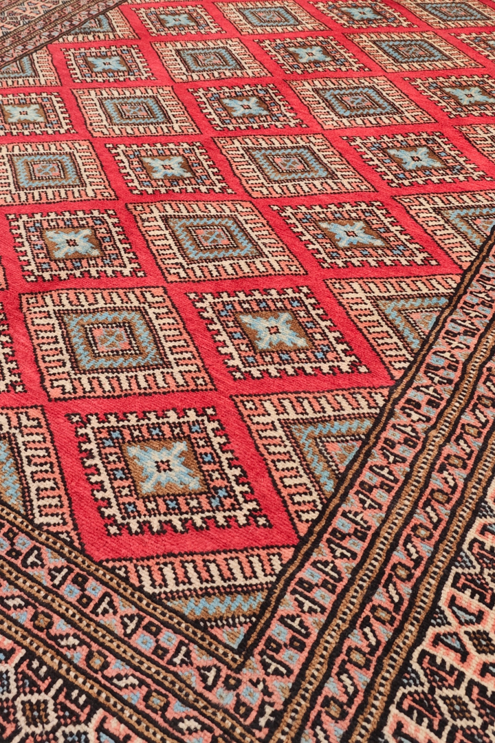 Crimson and Salmon Diamond Lattice, Hand-Knotted Wool Rug