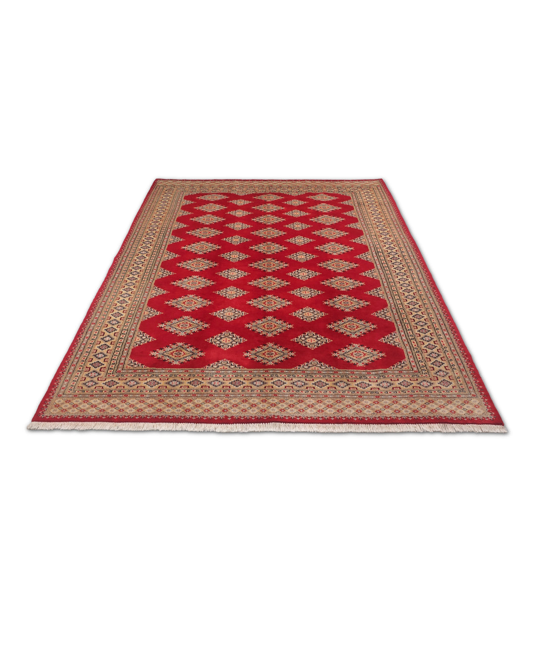 Crimson and Camel Jaldar Diamond Gül, Hand-Knotted Wool and Silk Rug