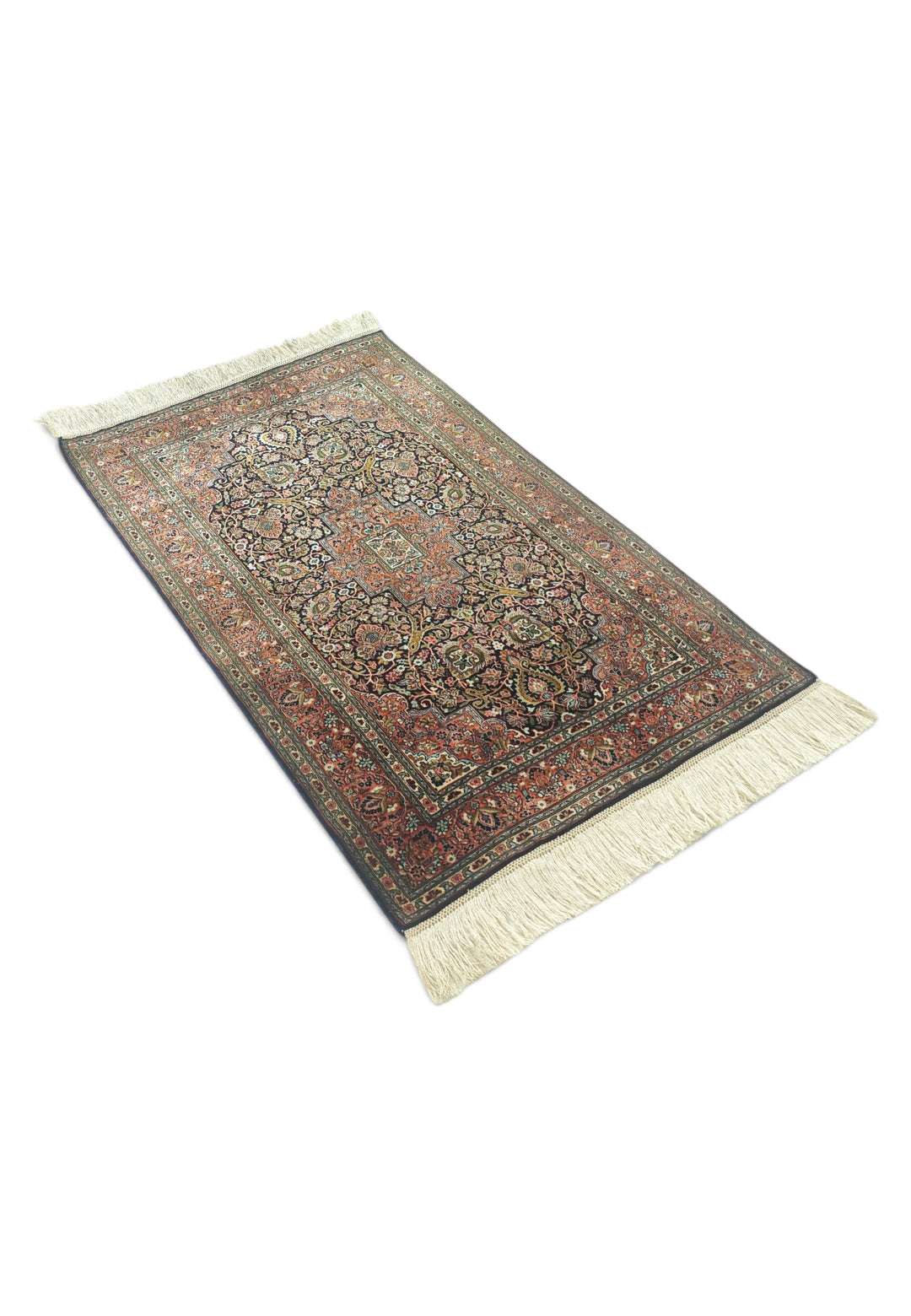 Dark Brown and Brick Red Stepped Medallion, Hand-Knotted Silk Rug