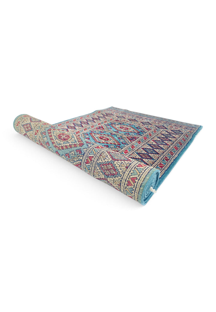 Turquoise and Wine Red Chained Diamond Medallion, Hand-Knotted Wool Rug