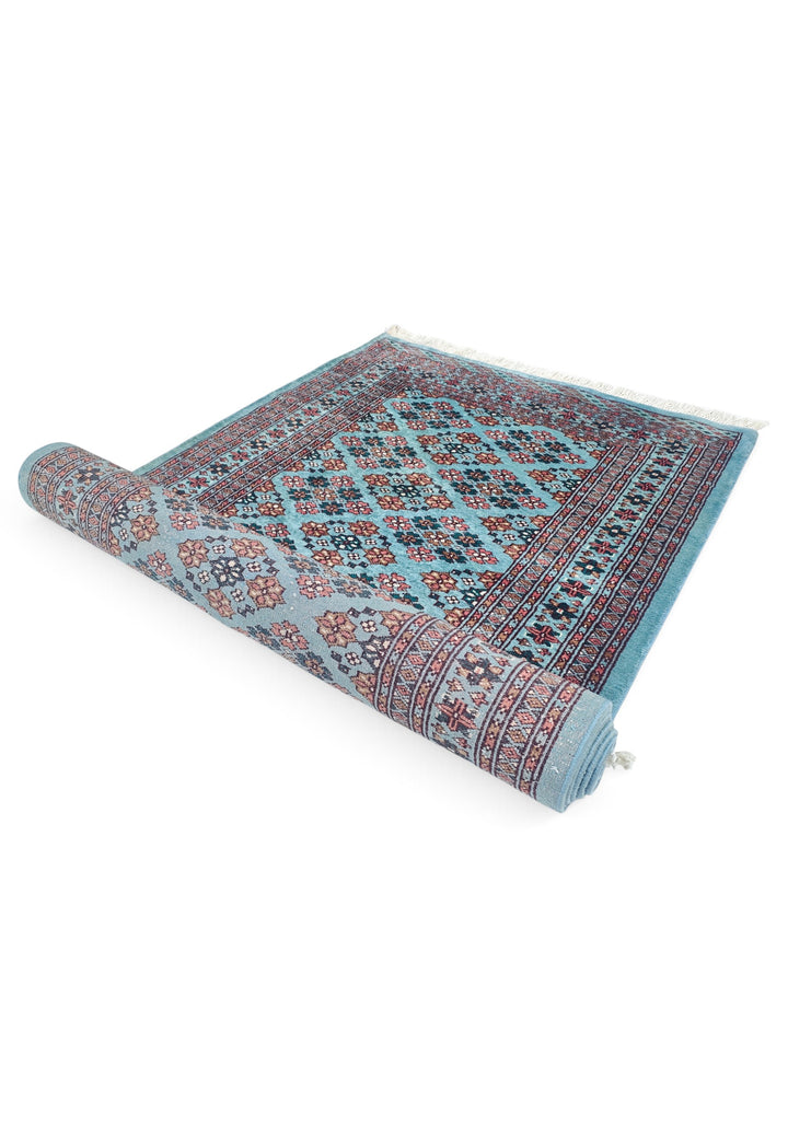 Turquoise and Rose Polychrome Lattice Jaldar, Hand-Knotted Wool Rug