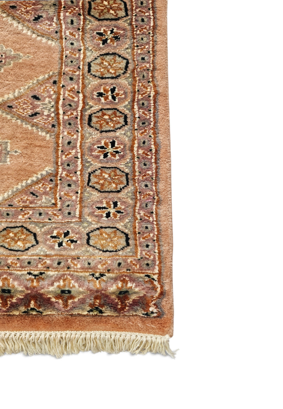 Salmon and Mauve Jaldar Diamond Gül, Hand-Knotted Wool and Silk Rug