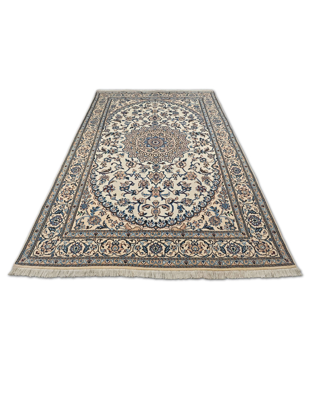 Cream and Blue Medallion Nain, Hand-Knotted Wool Rug