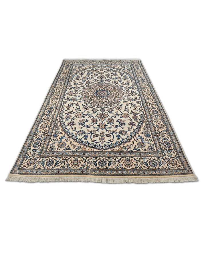 Cream and Blue Medallion Nain, Hand-Knotted Wool Rug