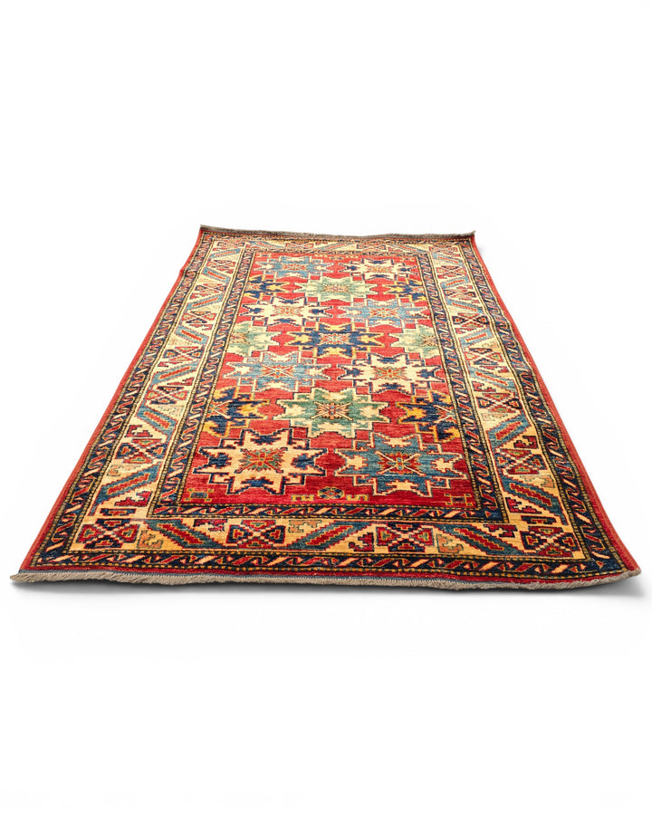 Red Lesghi Star Kazak Rug, Hand-Knotted Afghan Wool