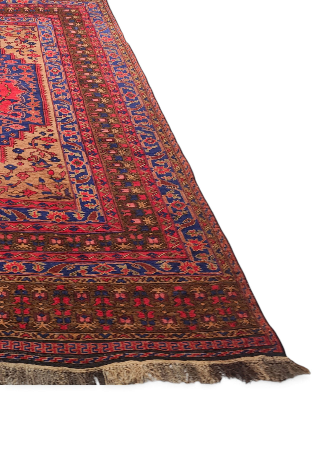 Scarlet and Cobalt Medallion Kilim, Hand-Woven Wool