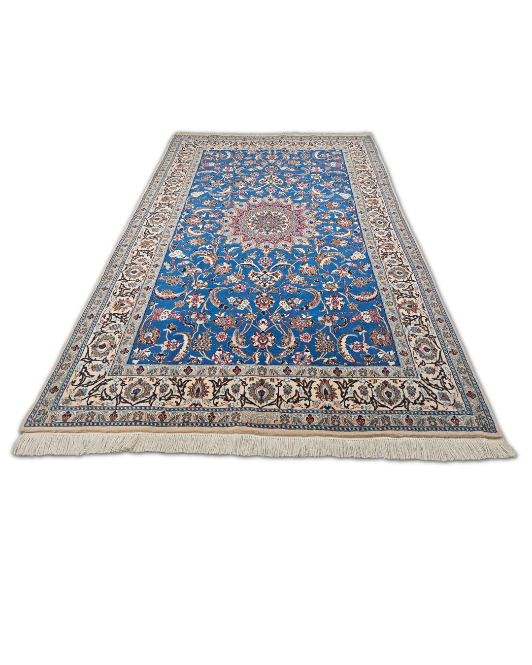 Cobalt Blue and Ivory Medallion Nain, Hand-Knotted Wool Rug